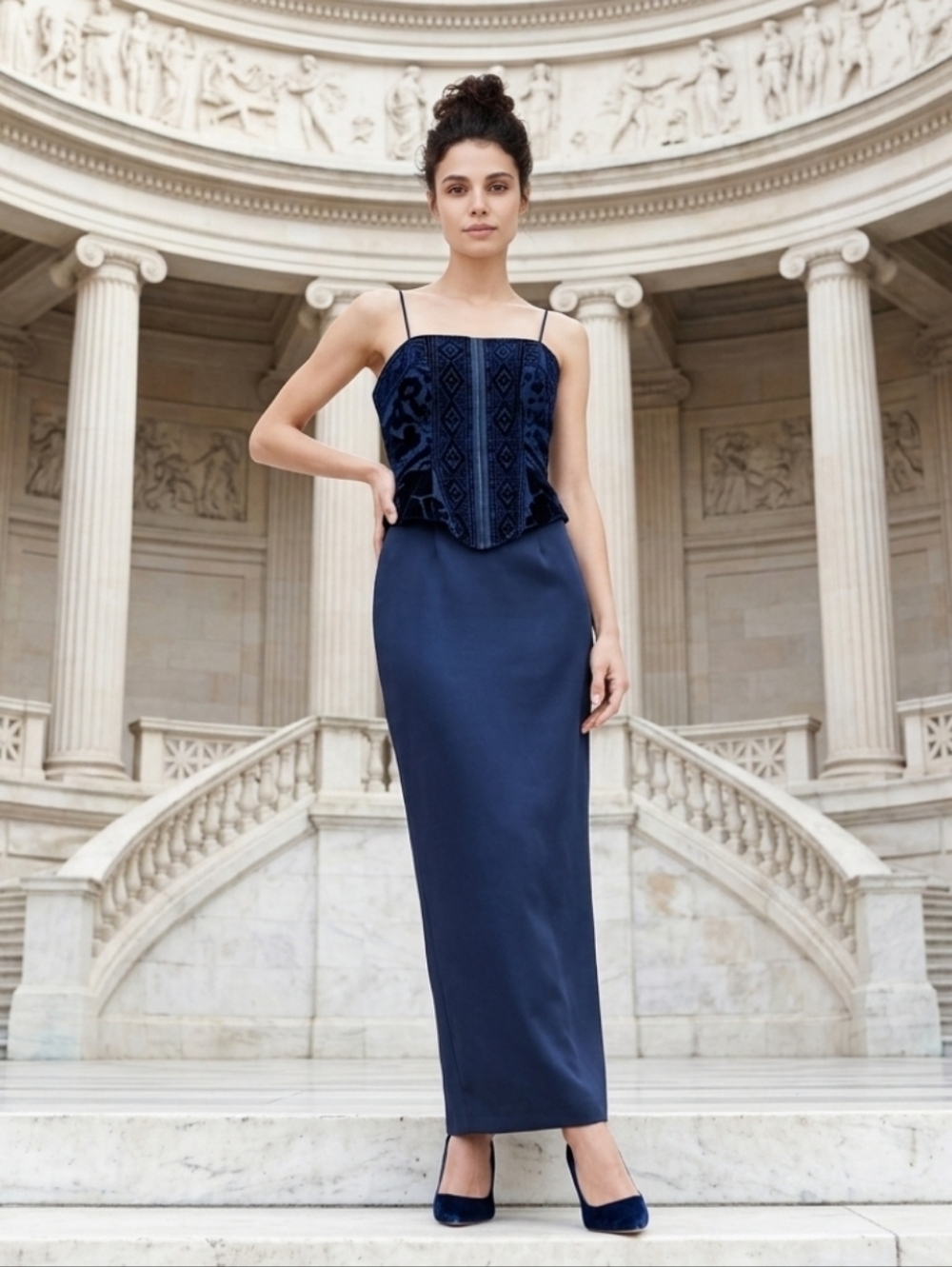 Silvia Standig Vintage Navy Velvet Corset Maxi Dress with Spaghetti Straps